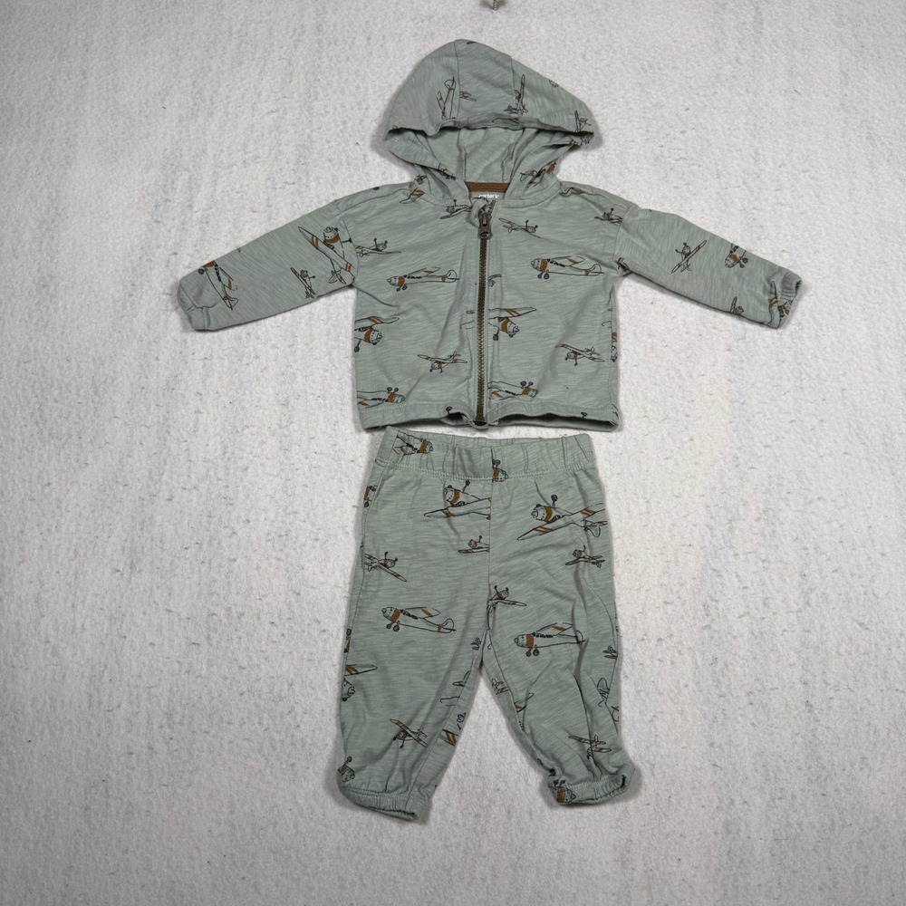 Carters Baby Boys 6M Airplane Print Hoodie and Joggers Set Sage Green